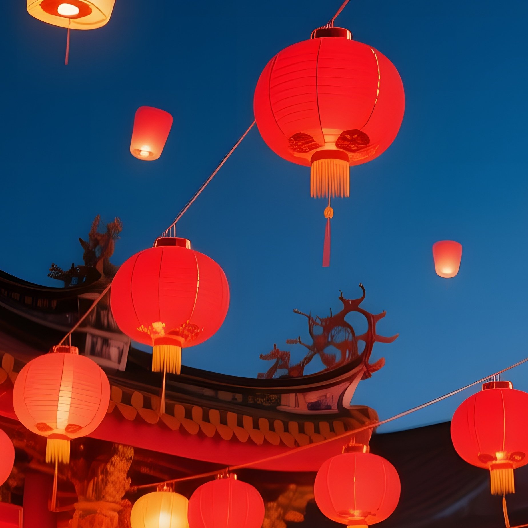 Vibrant Lantern Festival Taiwan Red Lanterns Floating Night Sky Historic Temple Courtyard - Full Resolution Quality Preview