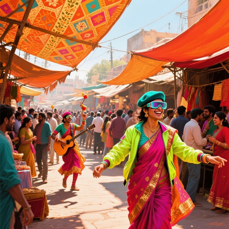 Vibrant Marketplace Midday Stalls Awnings Crowds Performers