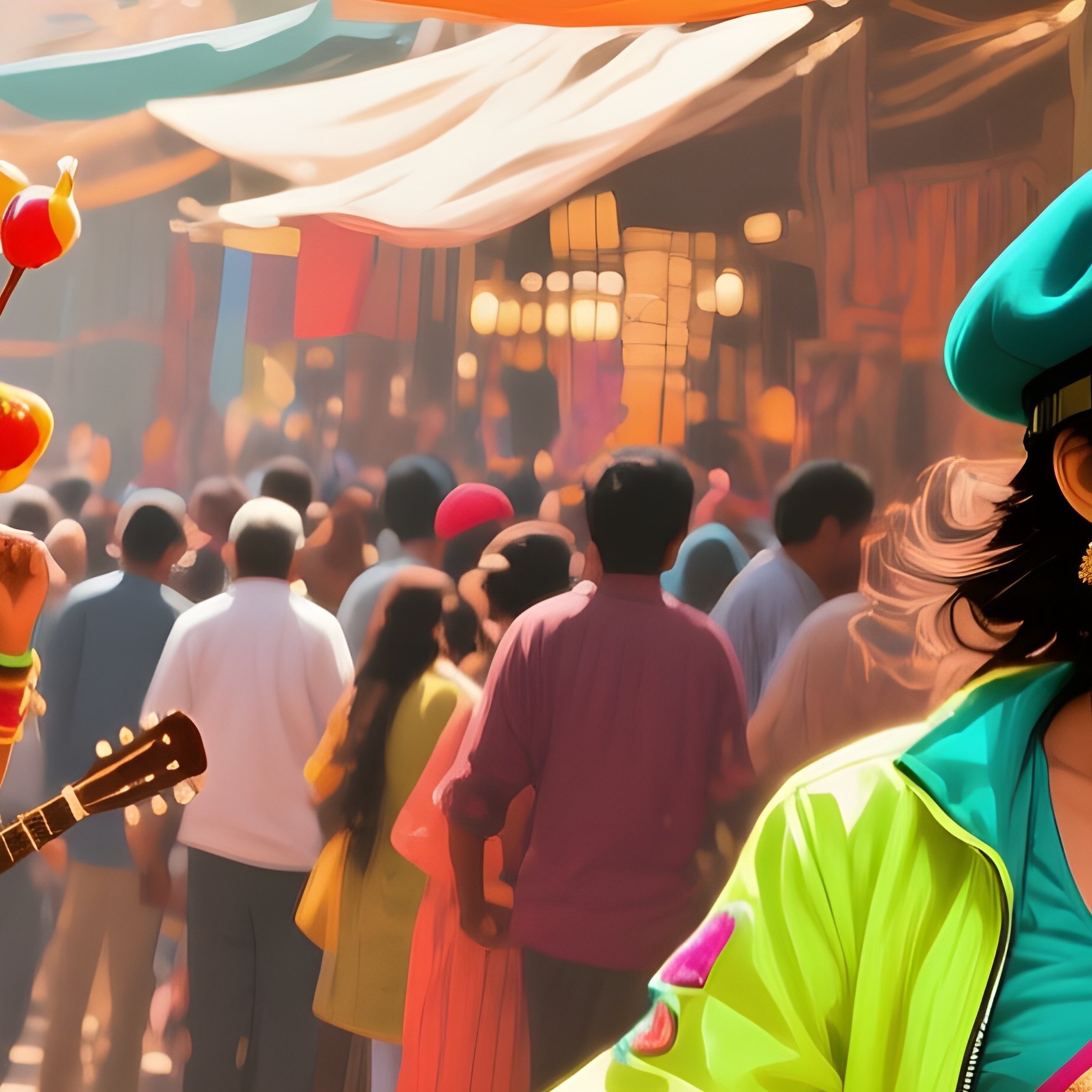 Vibrant Marketplace Midday Stalls Awnings Crowds Performers - Full Resolution Quality Preview