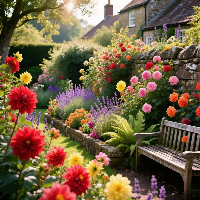Vibrant Multicolored Dahlias In Crowded English Cottage Garden