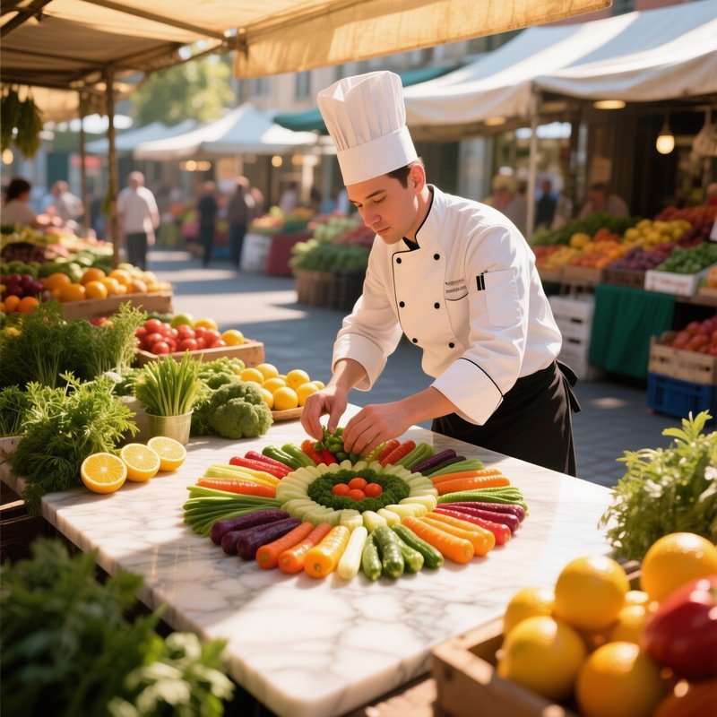 Vibrant Open Air Market In Midday Sun, A Chef Arranging Colorful Vegetables Into Patterns On A