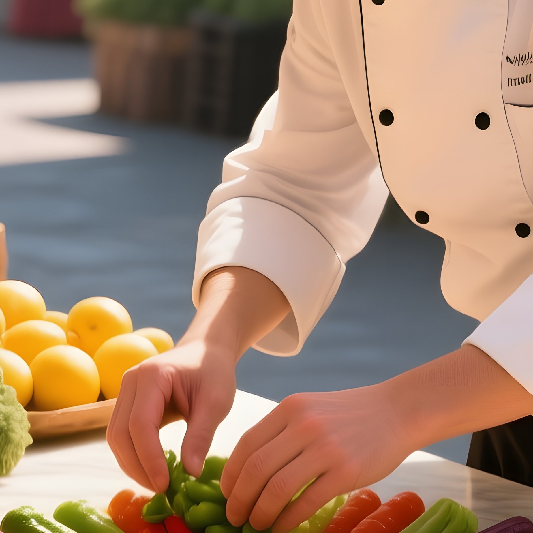 Vibrant Open Air Market In Midday Sun, A Chef Arranging Colorful Vegetables Into Patterns On A - Full Resolution Quality Preview