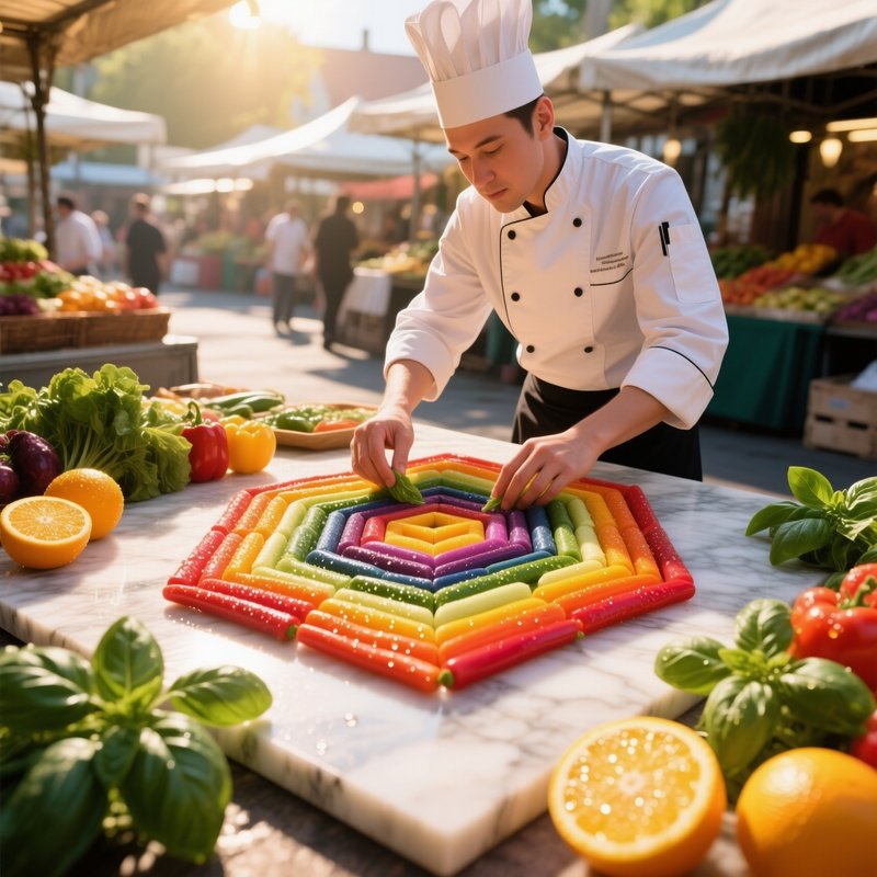Vibrant Open Air Market In Midday Sun, A Chef Arranging Rainbow Colored Vegetables Into Intricate