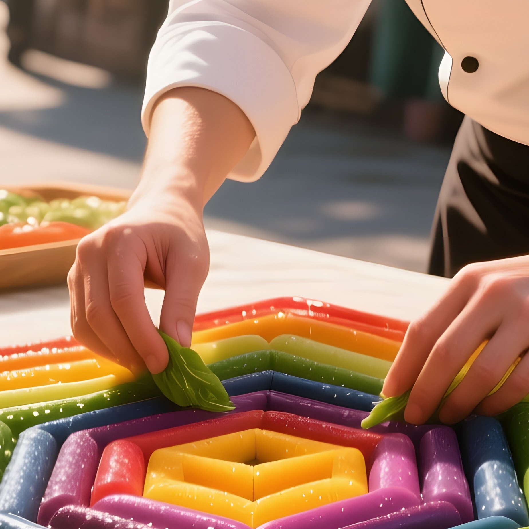 Vibrant Open Air Market In Midday Sun, A Chef Arranging Rainbow Colored Vegetables Into Intricate - Full Resolution Quality Preview