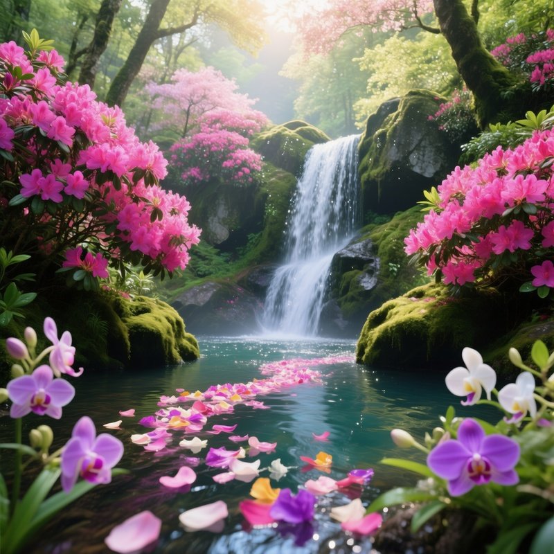 Vibrant Spring Waterfall Rhododendrons Orchids Petals