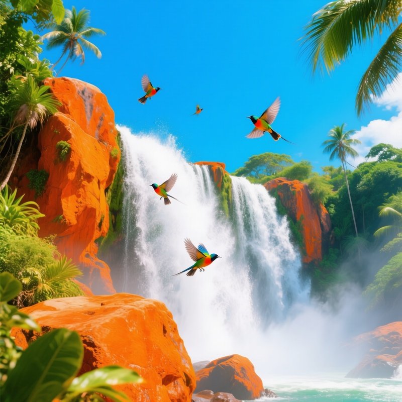 Vibrant Summer Waterfall Orange Rocks Tropical Birds