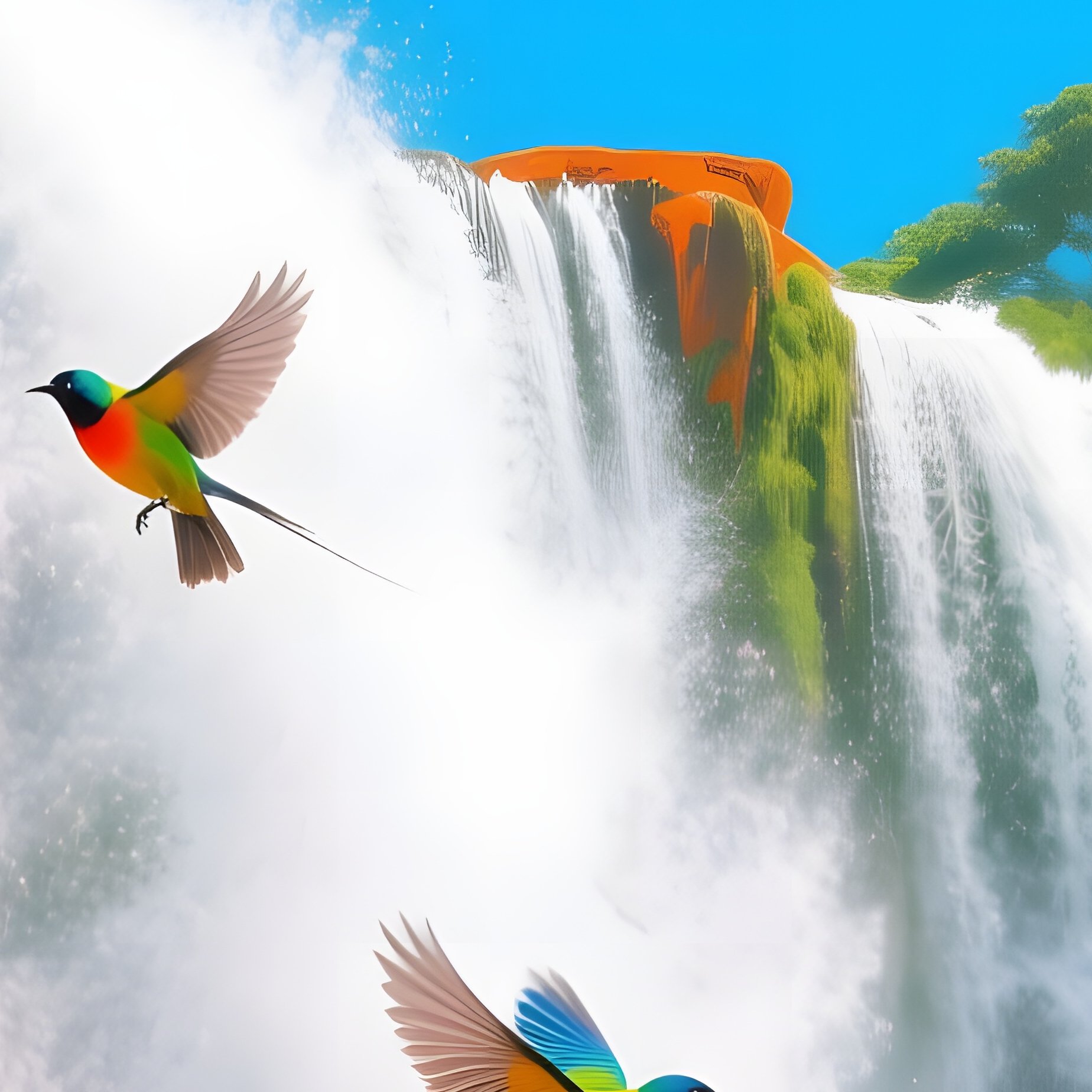 Vibrant Summer Waterfall Orange Rocks Tropical Birds - Full Resolution Quality Preview