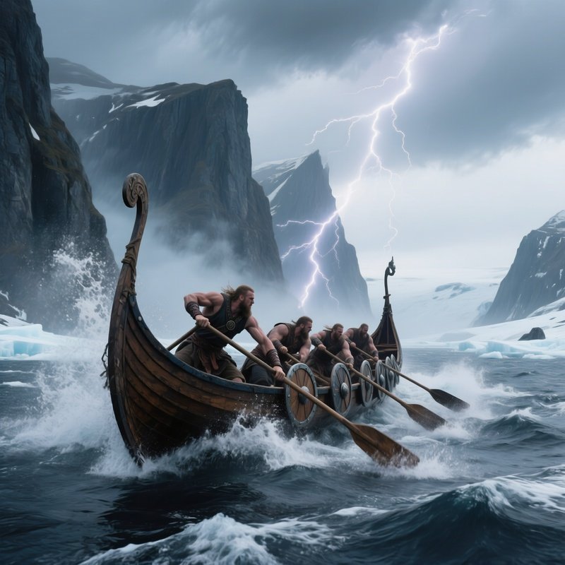 Viking Longship Stormy Fjord