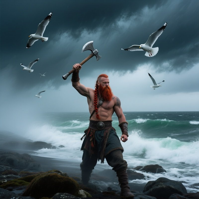 Viking Warrior With Braided Red Beard On Foggy Shoreline