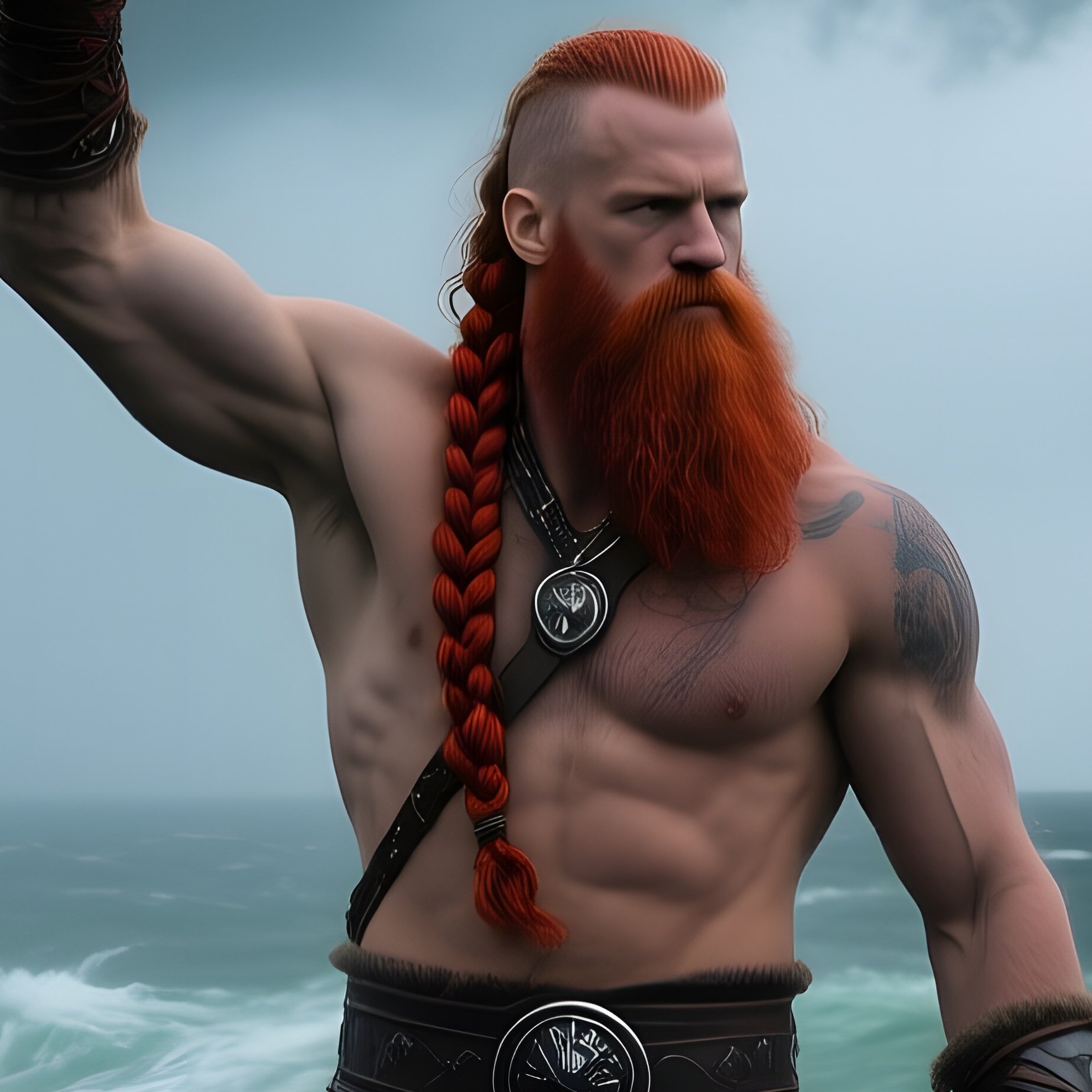 Viking Warrior With Braided Red Beard On Foggy Shoreline - Full Resolution Quality Preview