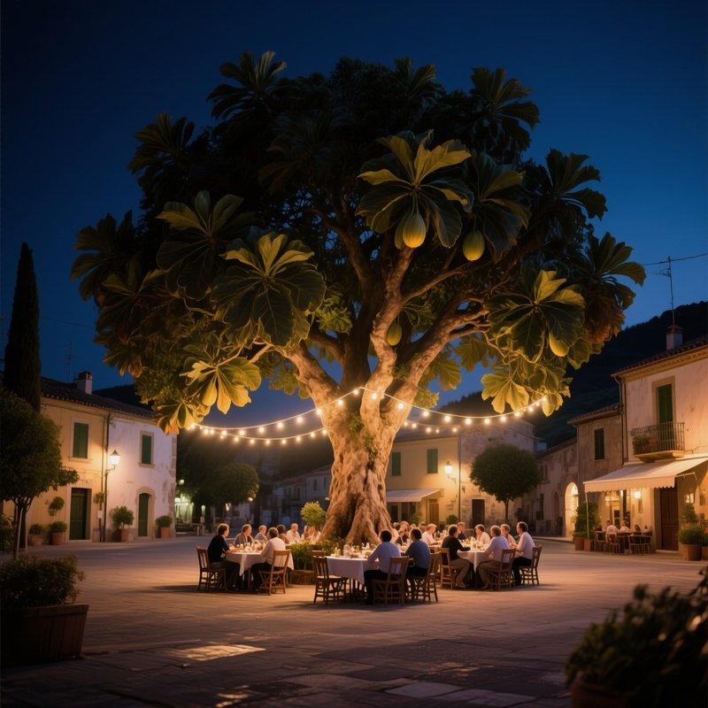 Village Square: Dining Under A Massive Plane Tree (Platanos) In A Village Square At Night. String Lights Above.