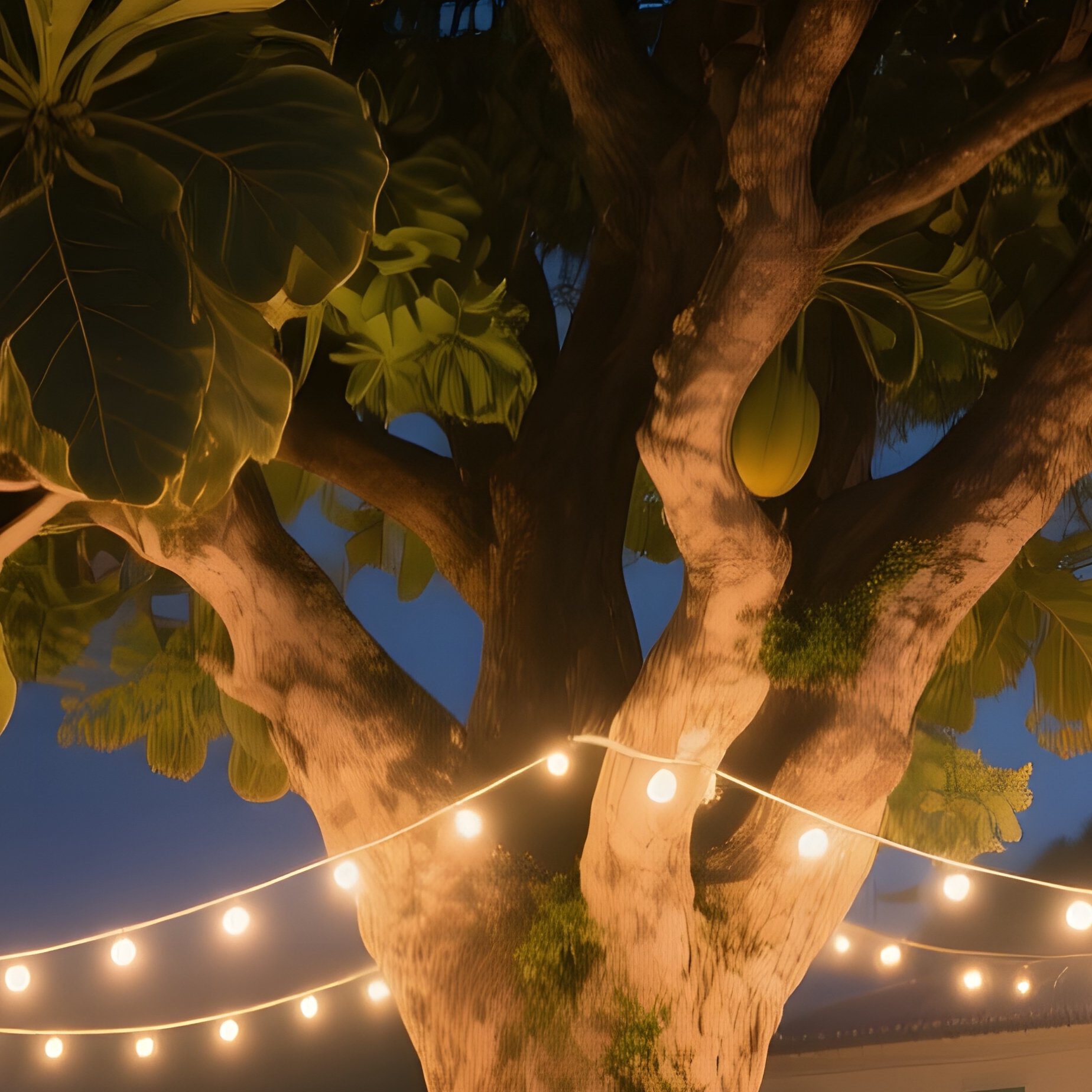 Village Square: Dining Under A Massive Plane Tree (Platanos) In A Village Square At Night. String Lights Above. - Full Resolution Quality Preview