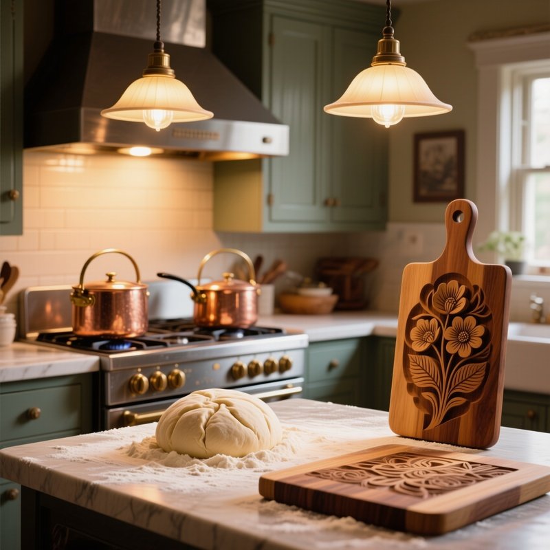 Vintage American Kitchen Under Pendant Lights, Copper Pots On Gas Stoves Reflecting Golden Glows,