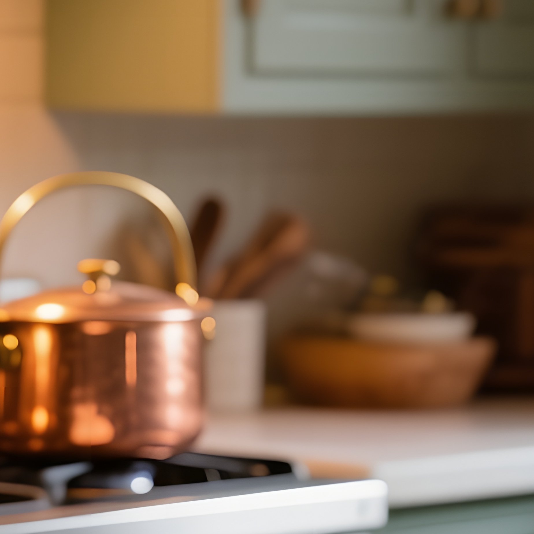 Vintage American Kitchen Under Pendant Lights, Copper Pots On Gas Stoves Reflecting Golden Glows, - Full Resolution Quality Preview