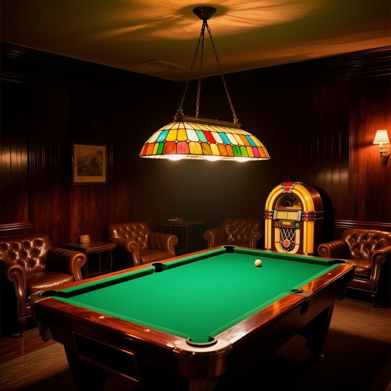 Vintage Billiard Table With Stained Glass Light