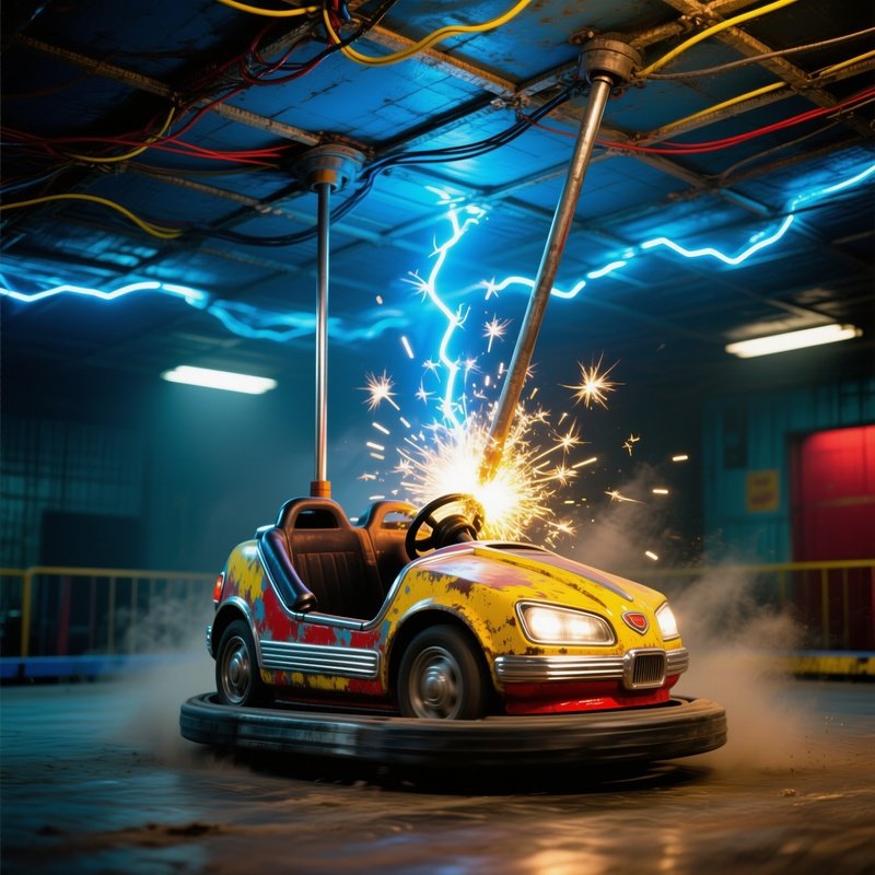Vintage Bumper Car Sparking As Its Pole Touches Electrified Ceiling Grid