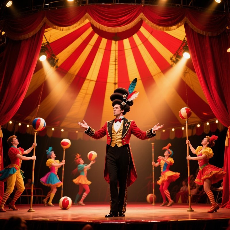 Vintage Circus Ringmaster Directing Performers Under Big Top