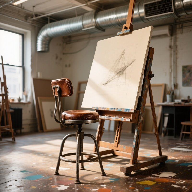 Vintage Industrial Drafting Stool In Artist Loft