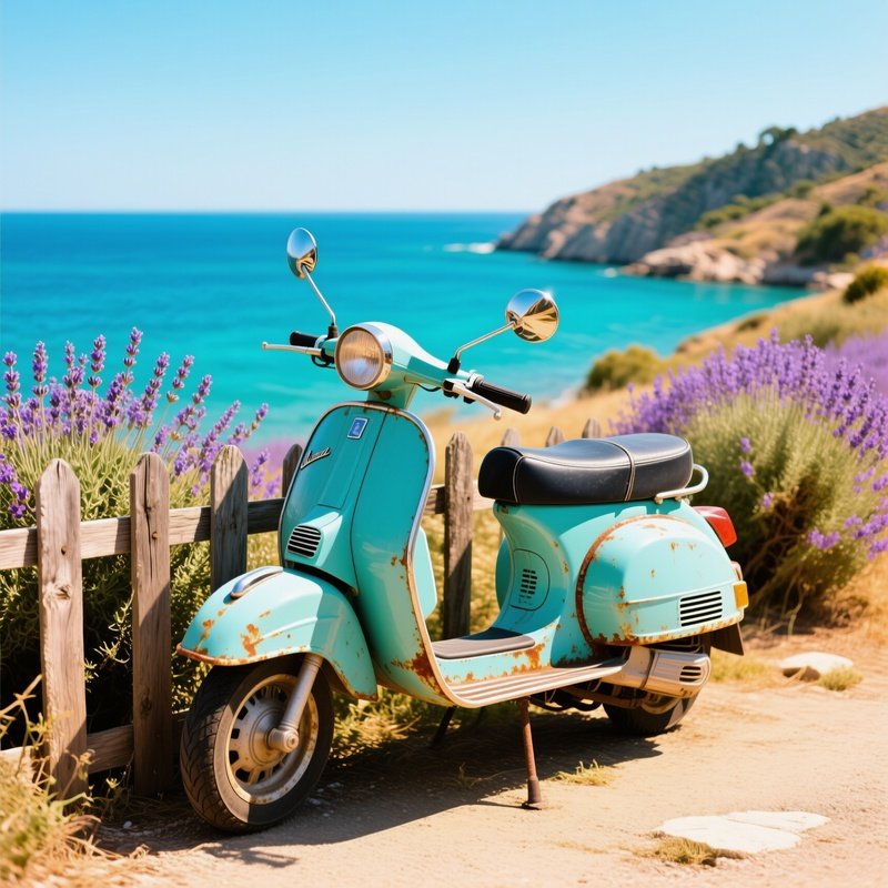 Vintage Kick Scooter Mediterranean Hillside
