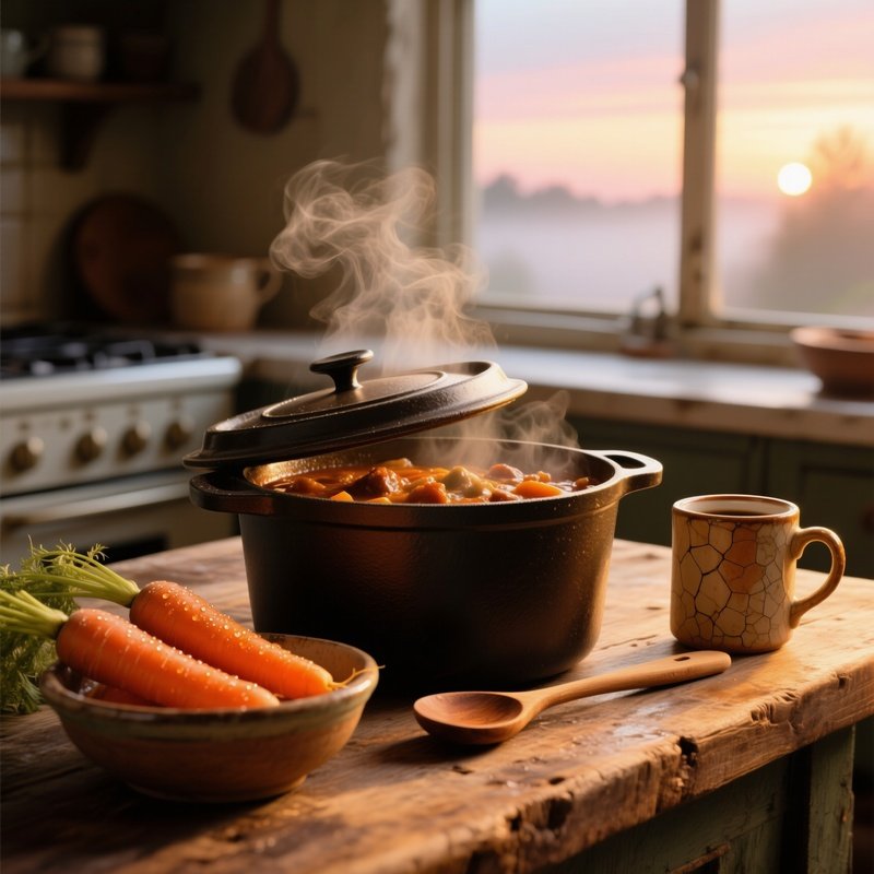 Vintage Kitchen Counter At Sunrise With Dutch Oven