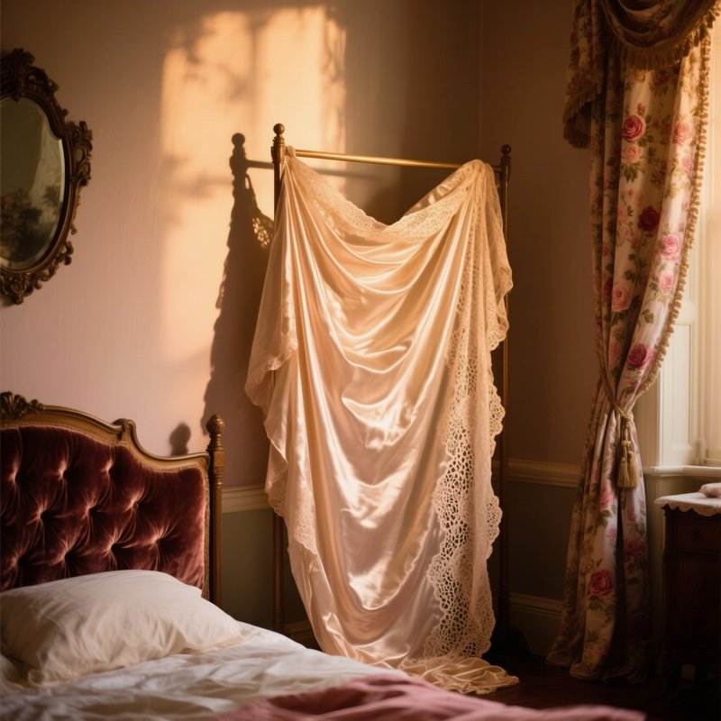 Vintage Silk Dressing Screen In Romantic Bedroom