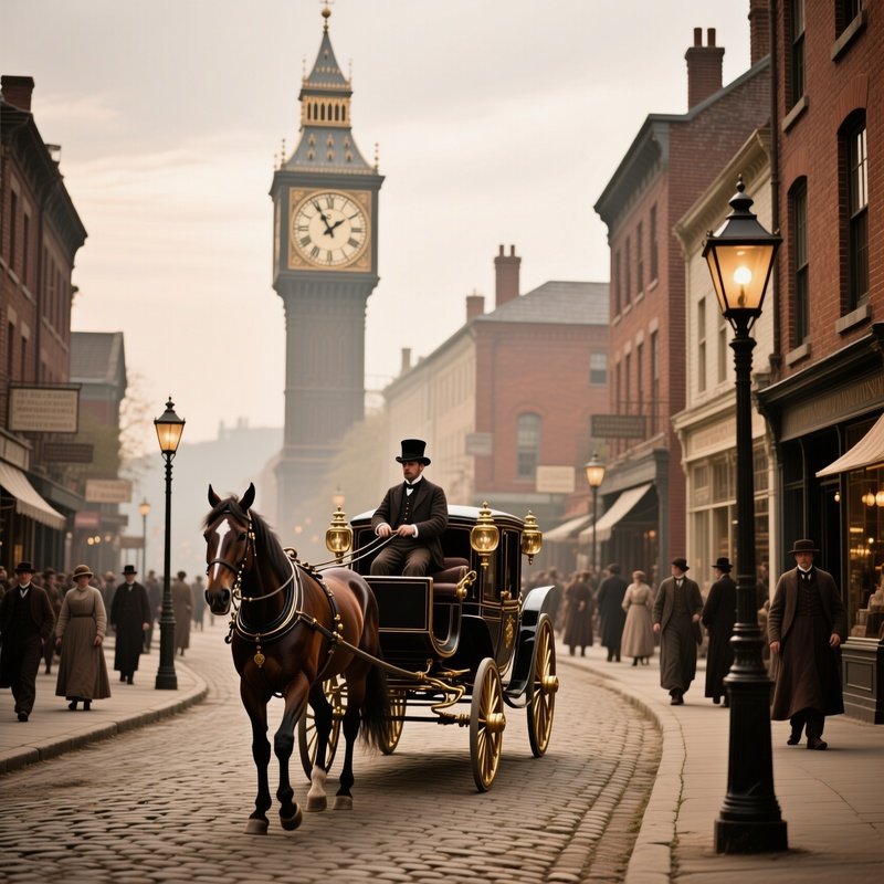 Vintage Street Scene With Horse Drawn Carriage