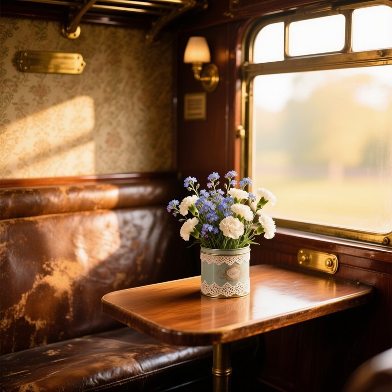 Vintage Train Carriage Interior With Flower Bouquet