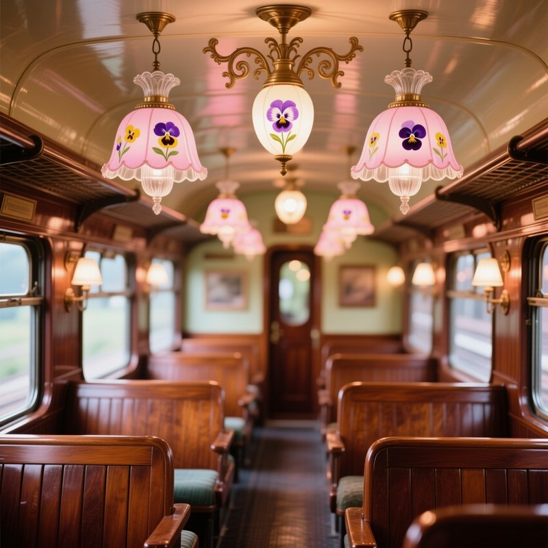 Vintage Train Carriage Interior With Pansy Lamps