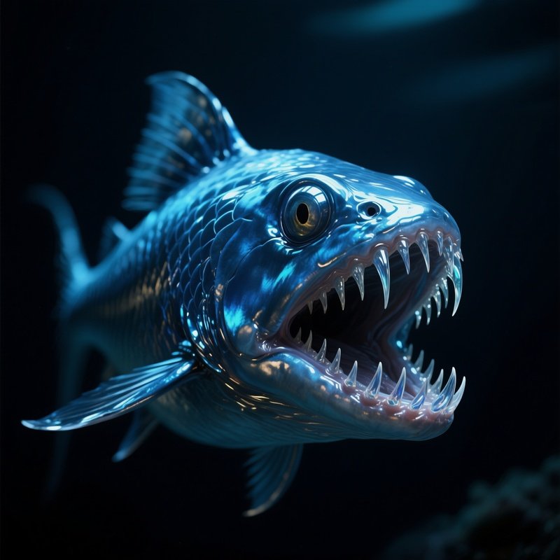 Viperfish – Metallic Blue Scales And Long Glassy Fangs Shimmering In The Darkness.