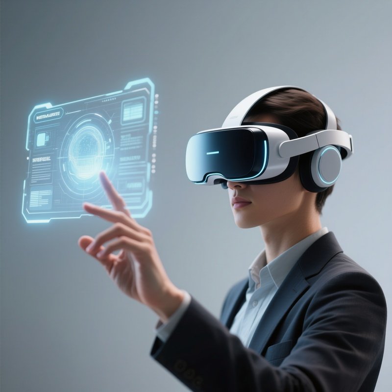 Virtual Reality: A Person Wearing A Sleek, Futuristic Vr Headset, Reaching Out To Touch A Floating Digital Interface, Representing The Metaverse And Future Work.