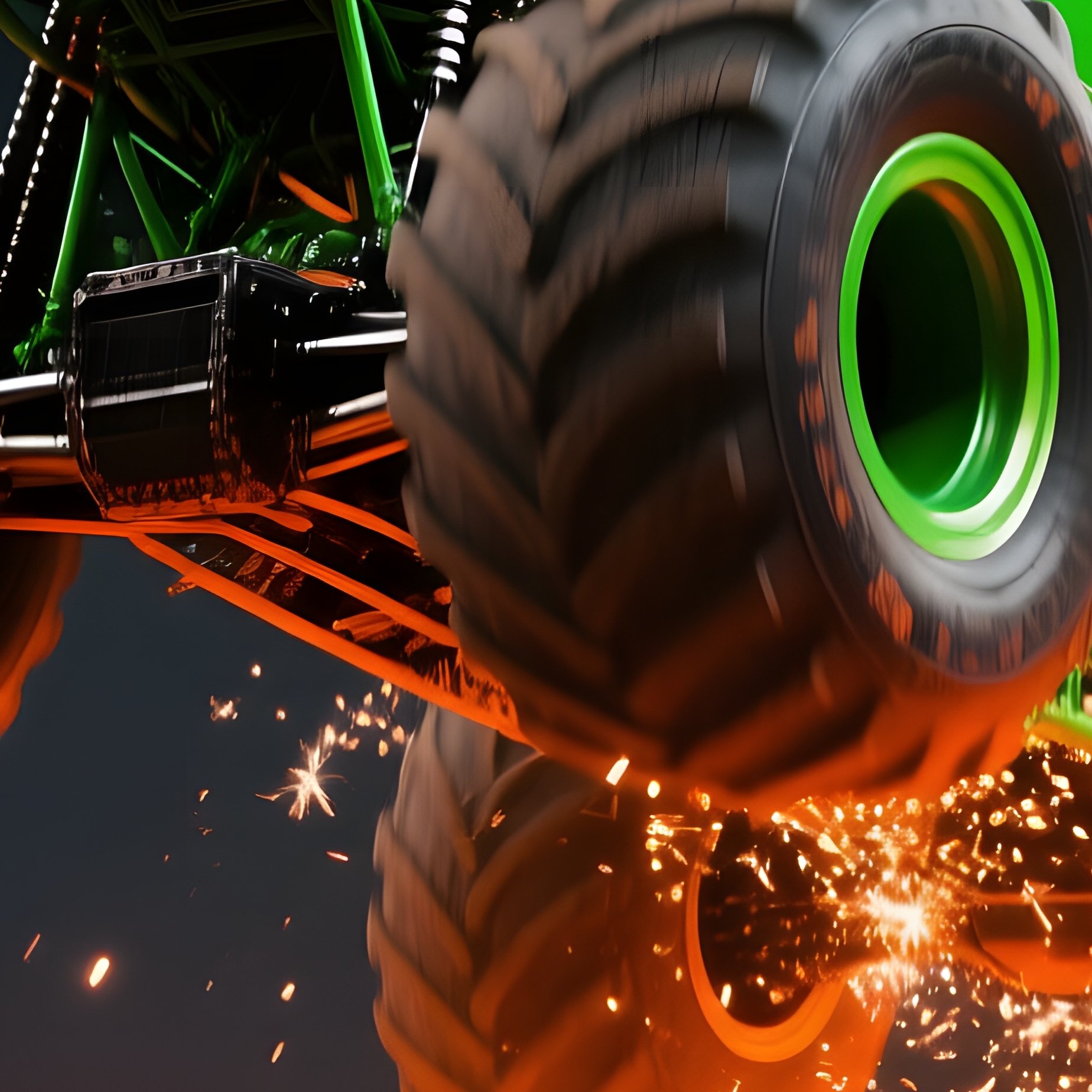 Vivid Green Monster Truck Leaping Over Flaming Hoops - Full Resolution Quality Preview