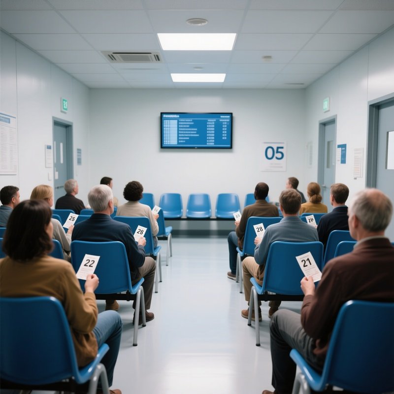 Waiting Room: A Sterile, Public Waiting Room Filled With Rows Of Blue Plastic Chairs, Populated By Diverse Citizens Holding Numbered Tickets, Looking At A Digital Display On The Wall.
