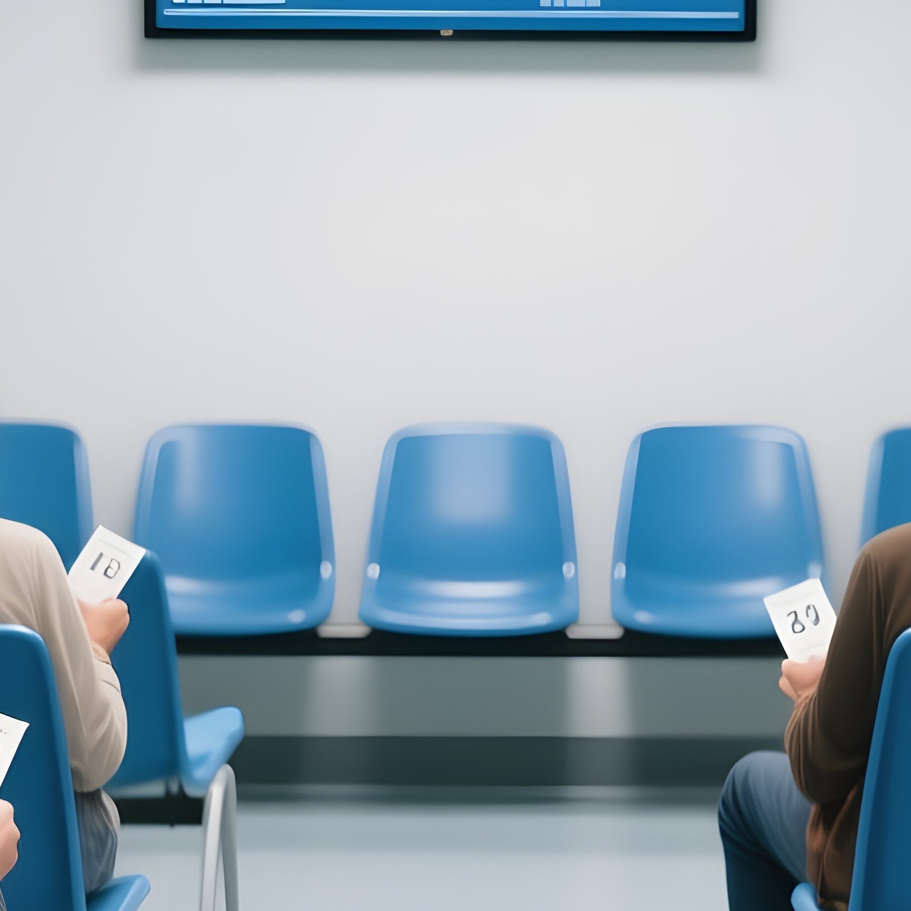 Waiting Room: A Sterile, Public Waiting Room Filled With Rows Of Blue Plastic Chairs, Populated By Diverse Citizens Holding Numbered Tickets, Looking At A Digital Display On The Wall. - Full Resolution Quality Preview