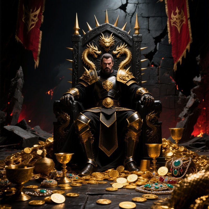 Warlord On Throne Surrounded By Looted Gold