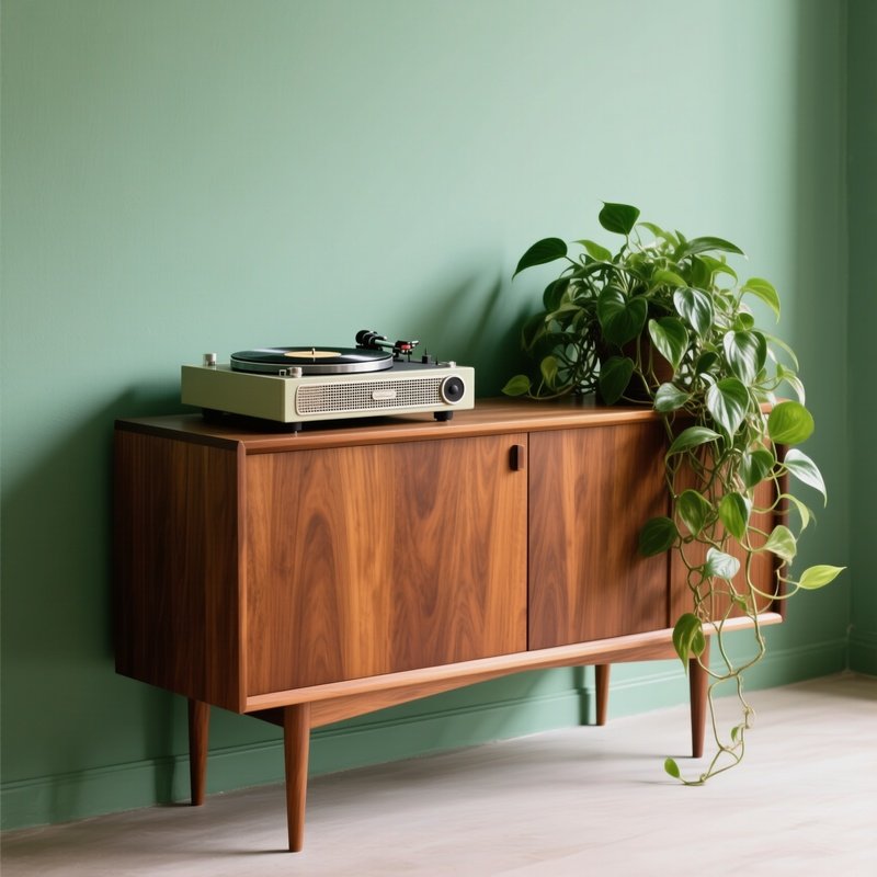 Warm Nutwood Credenza With Vinyl Player And Pothos