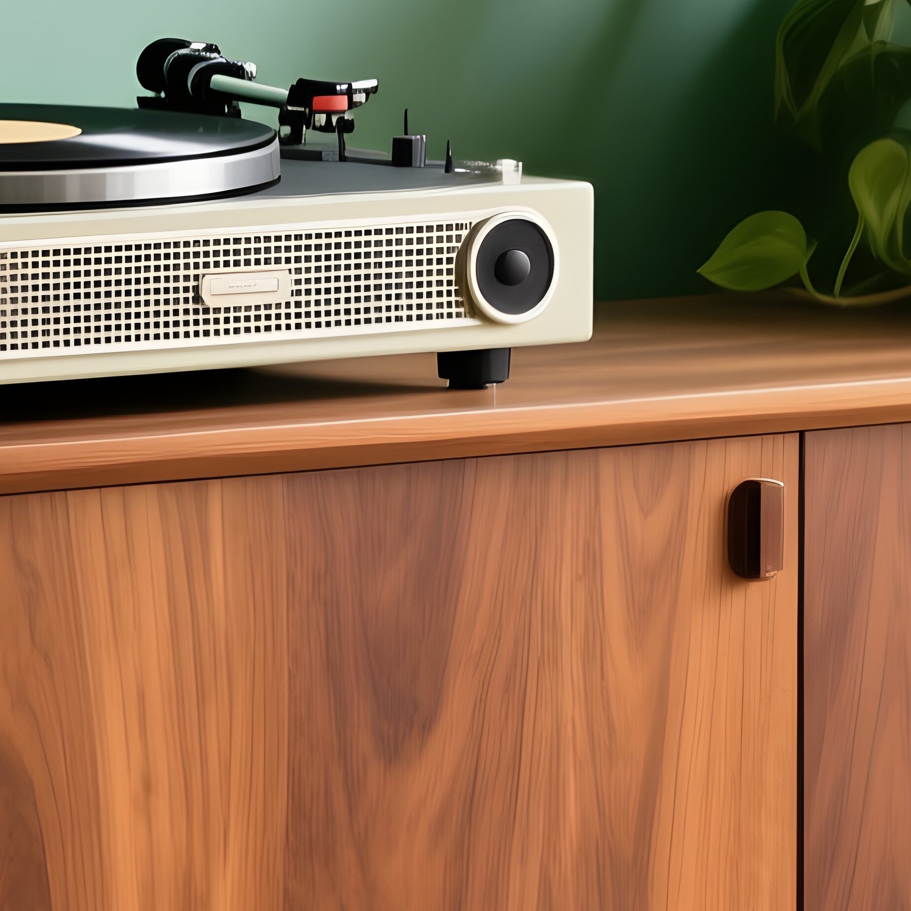 Warm Nutwood Credenza With Vinyl Player And Pothos - Full Resolution Quality Preview