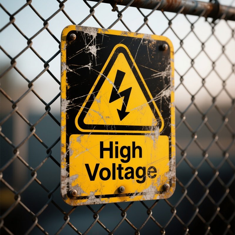 Warning Sign: A Yellow And Black "High Voltage" Warning Sign, Faded And Scratched, Attached To A Chain Link Fence.