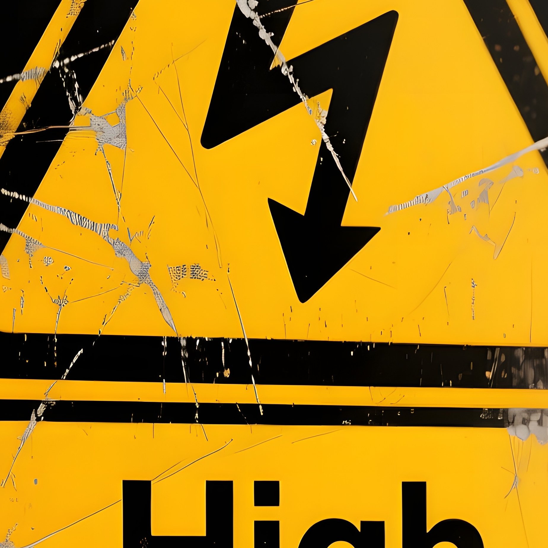 Warning Sign: A Yellow And Black "High Voltage" Warning Sign, Faded And Scratched, Attached To A Chain Link Fence. - Full Resolution Quality Preview