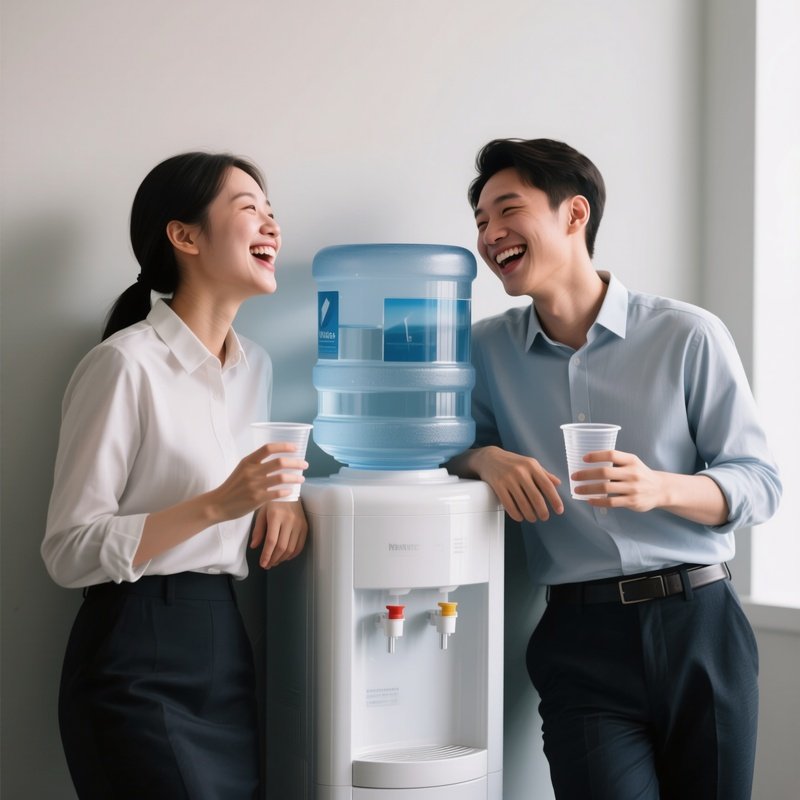 Water Cooler: Two Colleagues Leaning Against A Water Cooler Dispenser, Laughing And Holding Plastic Cups.