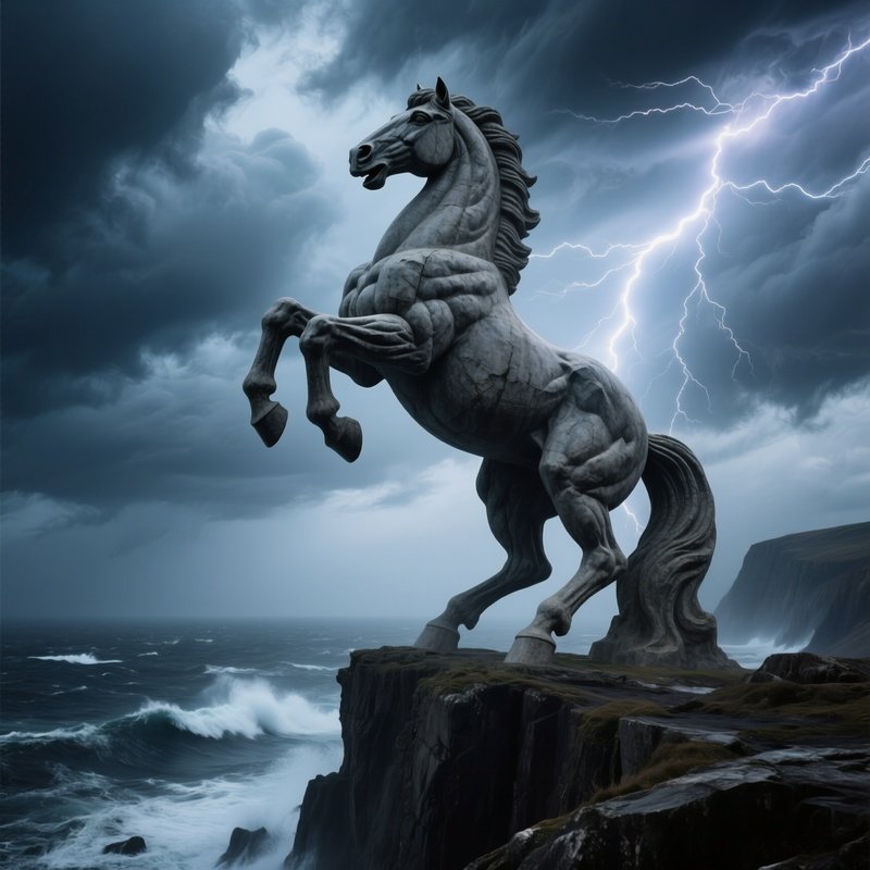 Weathered Stone Horse Rearing On Cliff Over Stormy Seas