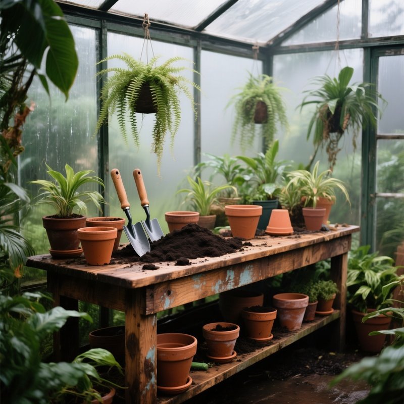 Weathered Wooden Potting Bench In Greenhouse