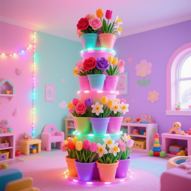 Whimsical Childrens Playroom With Flower Pot Tower