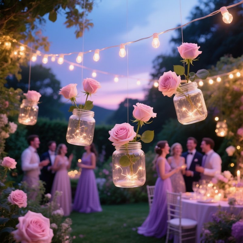 Whimsical Garden Party Pastel Roses Fairy Lights