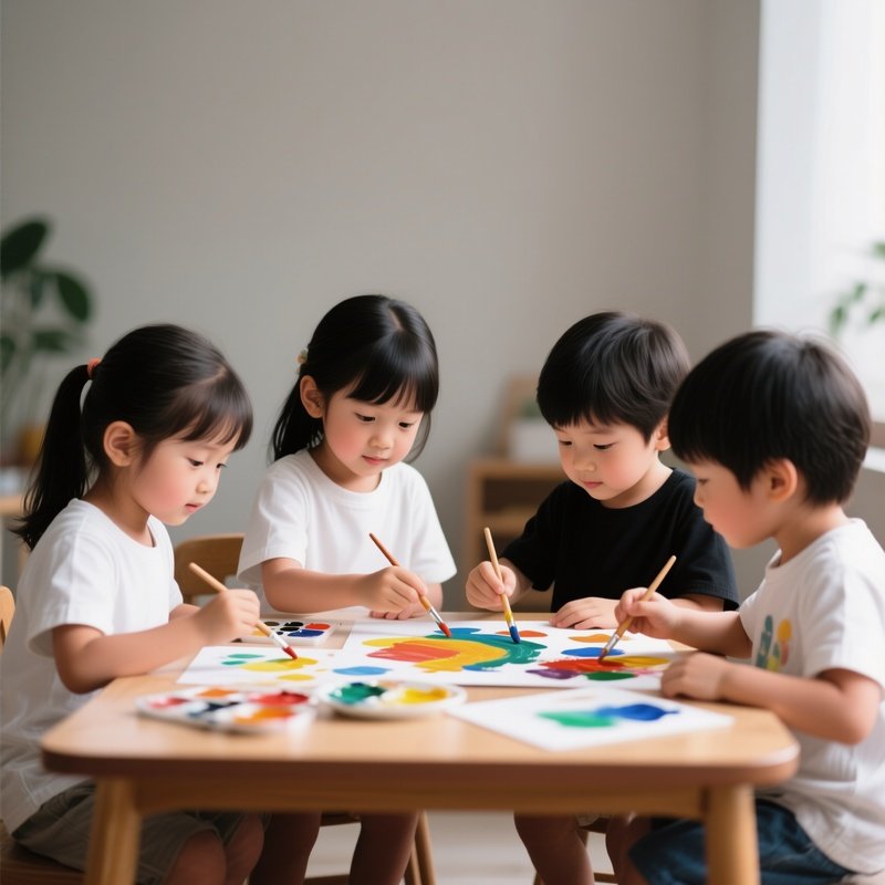 White And Black Children Painting Together At A Table.