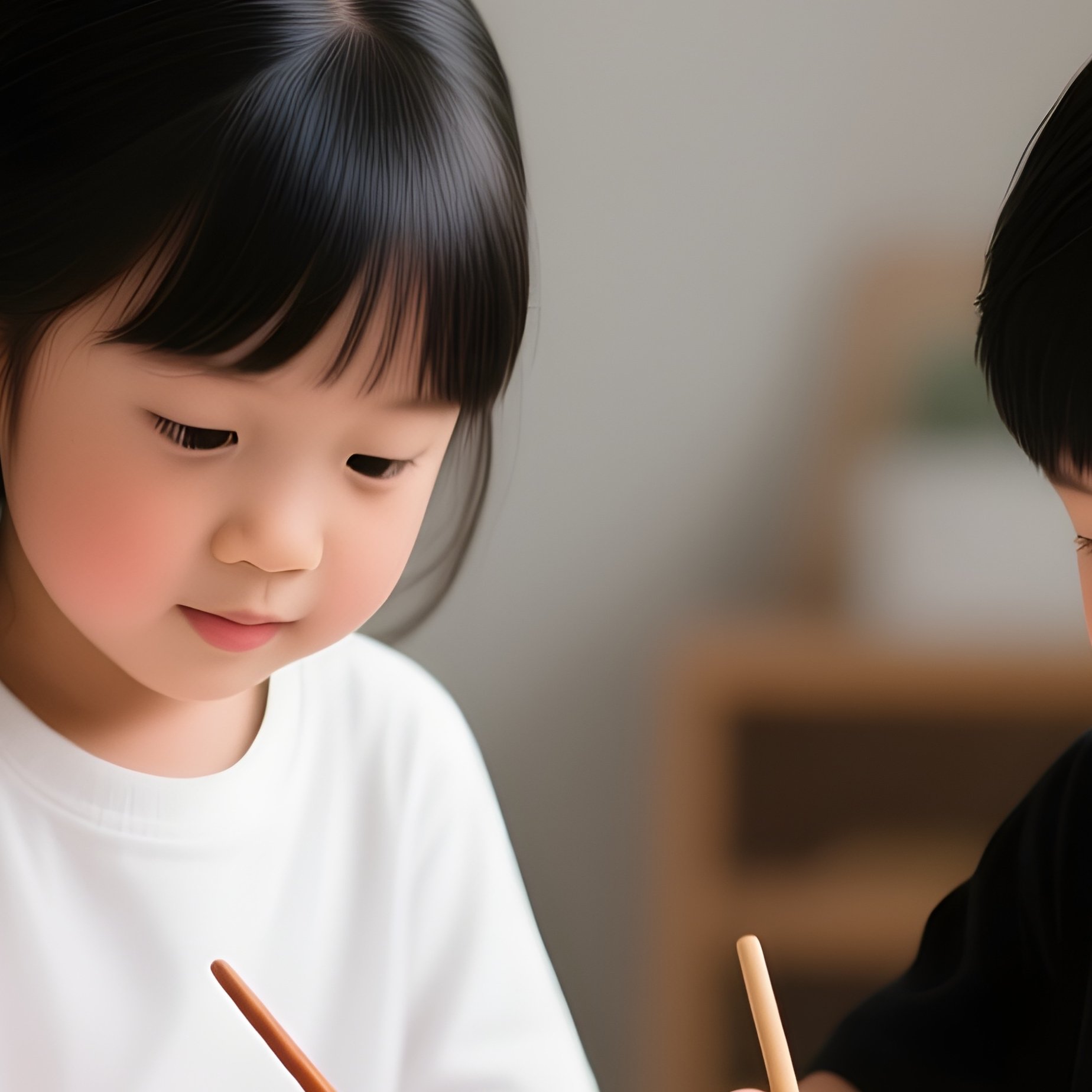 White And Black Children Painting Together At A Table. - Full Resolution Quality Preview