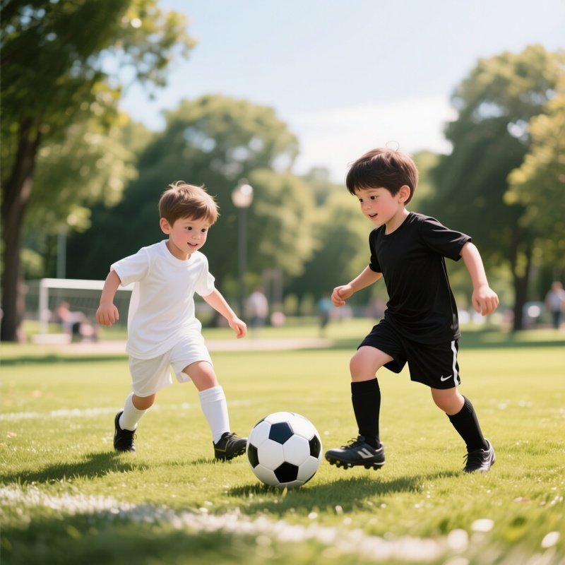 White And Black Children Playing Soccer In A Sunny Park.
