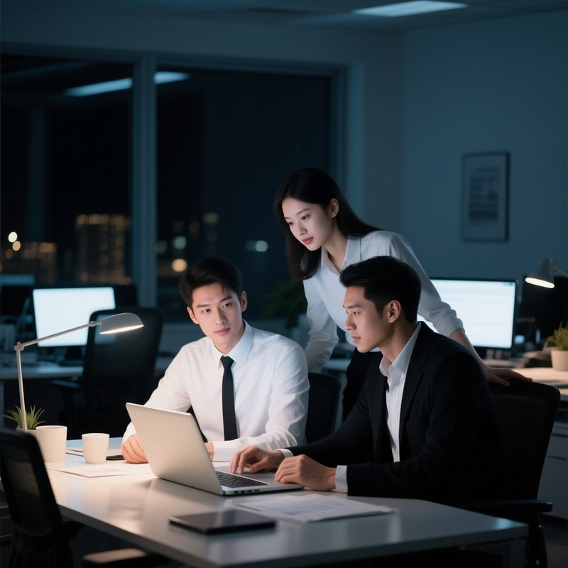 White And Black Colleagues Working Late Together In The Office.