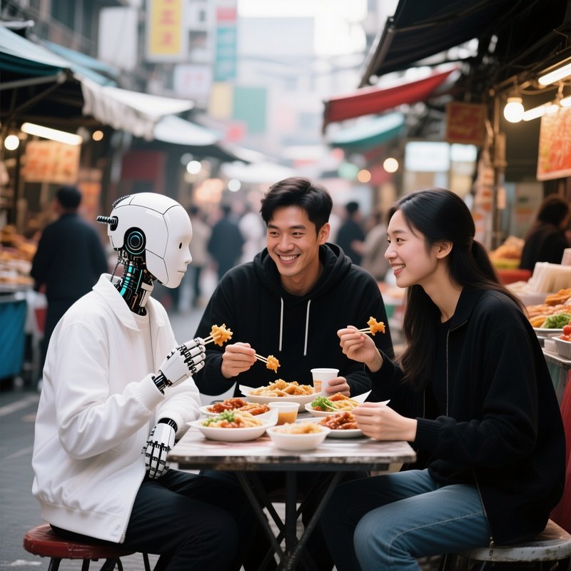 White And Black Friends Enjoying Street Food At A Market.