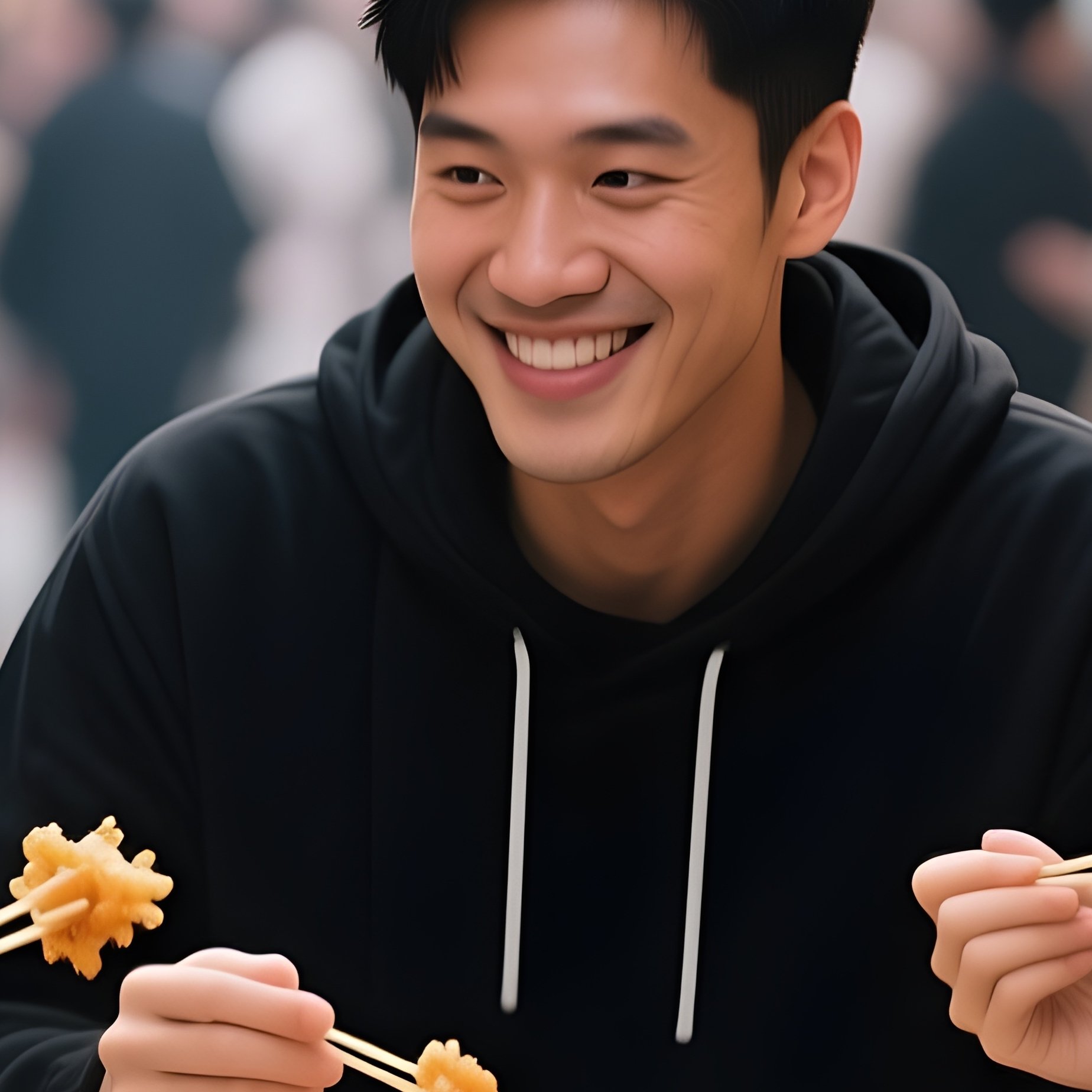 White And Black Friends Enjoying Street Food At A Market. - Full Resolution Quality Preview