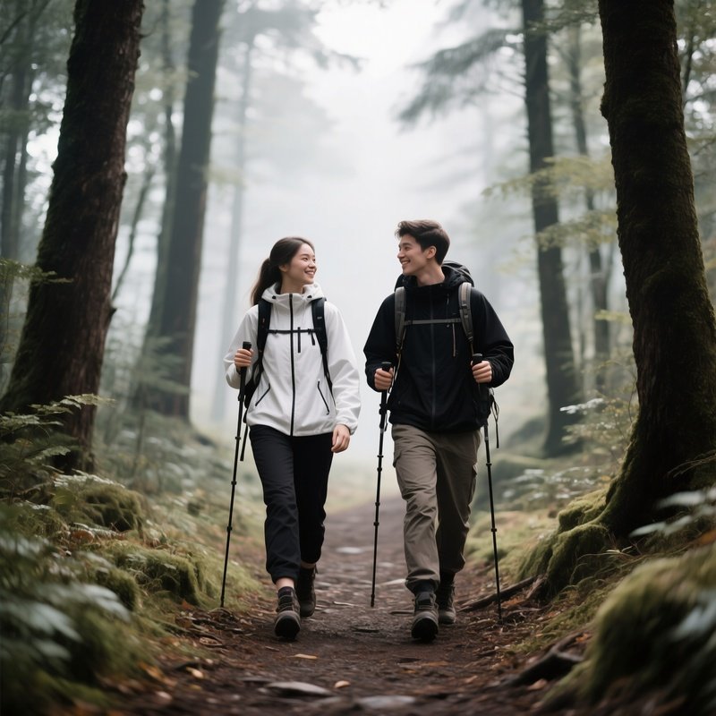 White And Black Friends Hiking Together Through A Forest Trail.